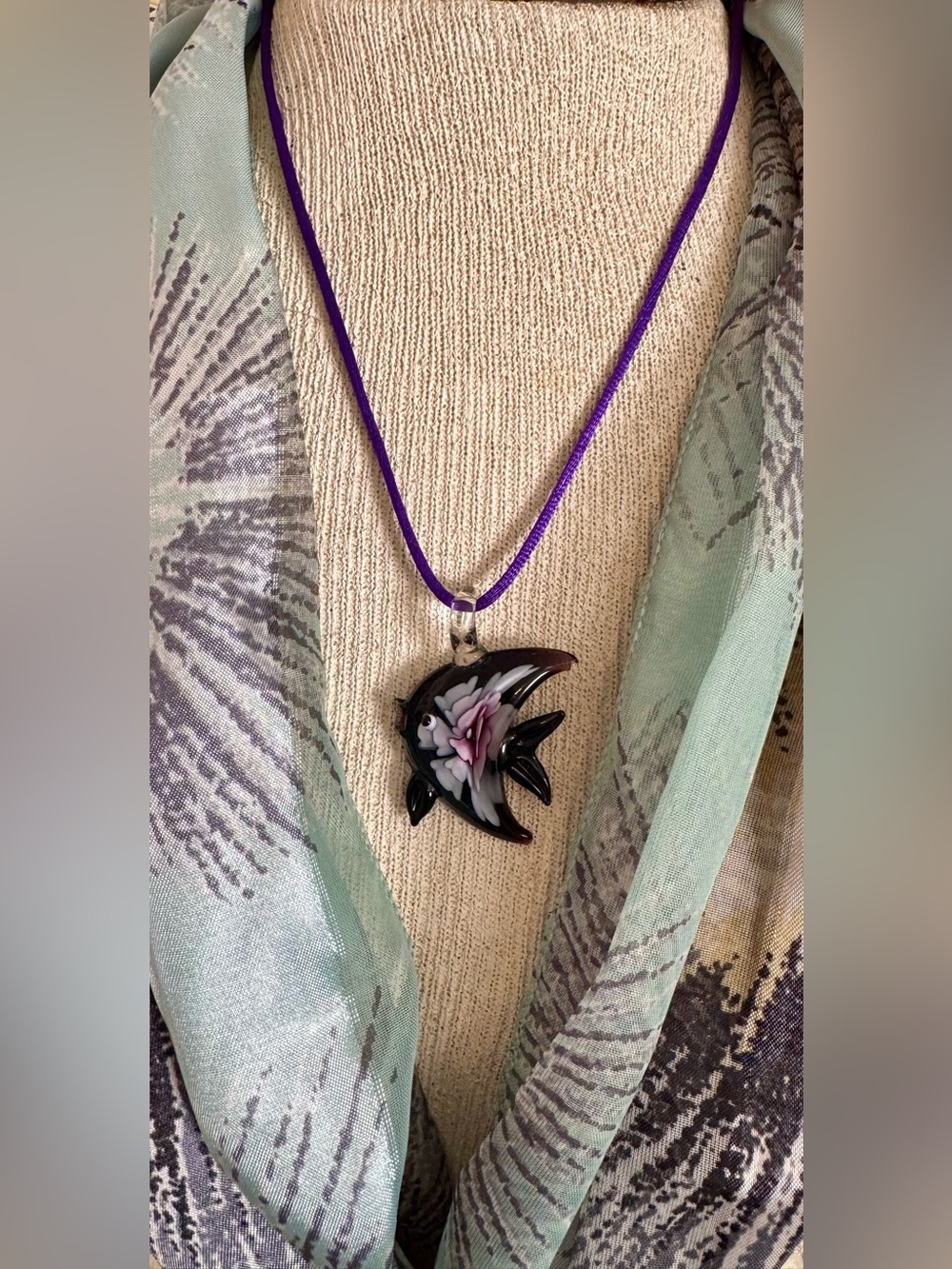 Murano Black Glass Fish Pendant Necklace with Purple Flower